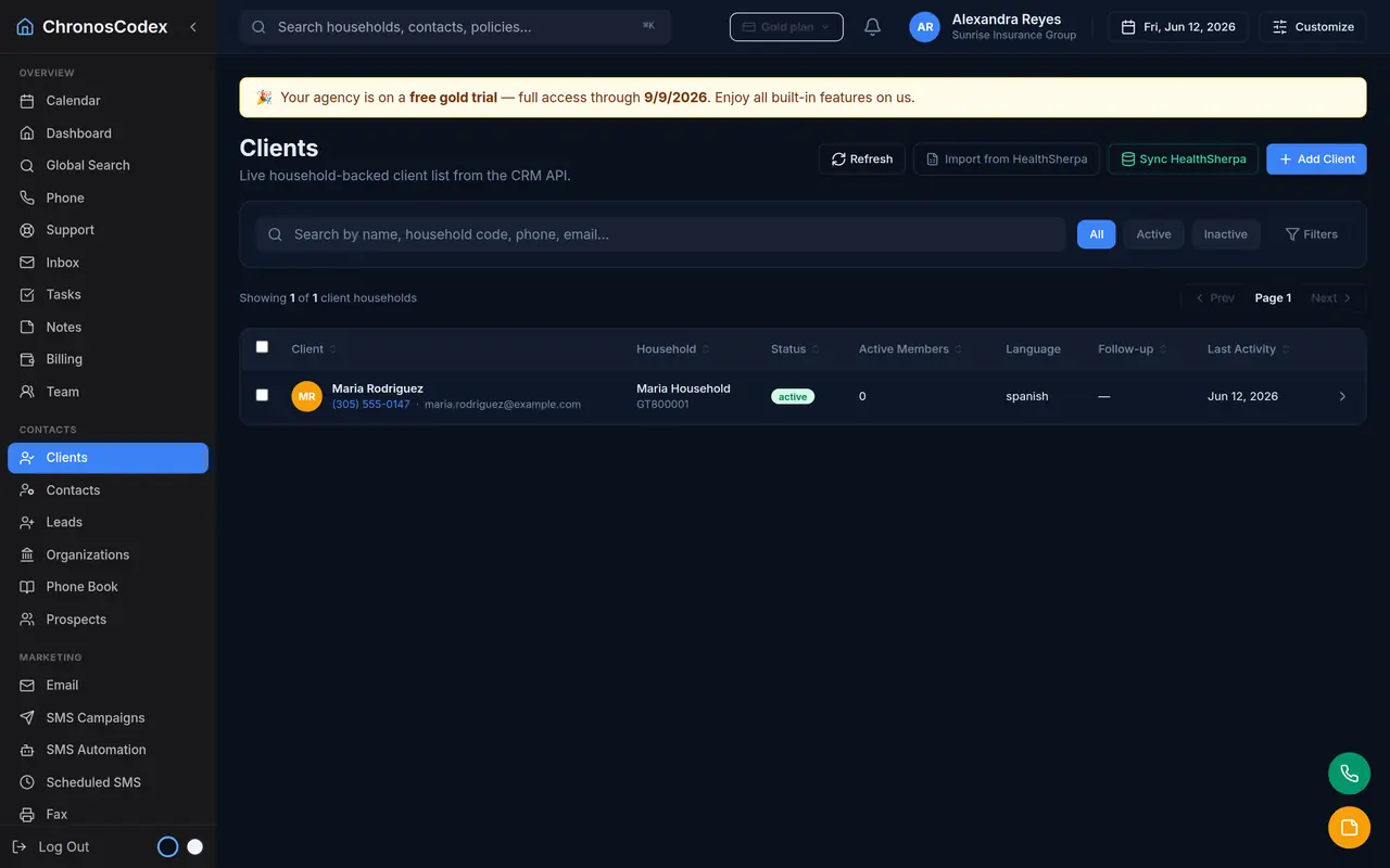 A searchable, filterable book of business in ChronosCodex (sample data)