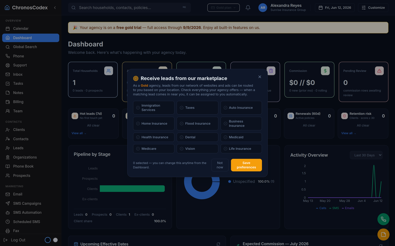 An insurance CRM book-of-business dashboard (shown: ChronosCodex, sample data)