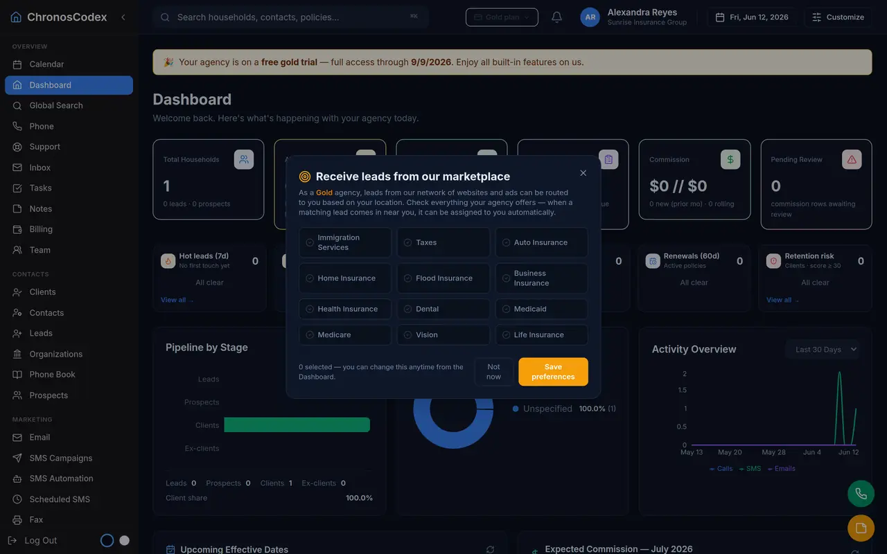 A ChronosCodex insurance book-of-business dashboard showing households, tasks, and pipeline (sample data)